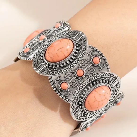 boutique Jewelry - NEW Western Silver Coral Salmon Chunky Summer Bangle Gift Bracelet-(#0156)
